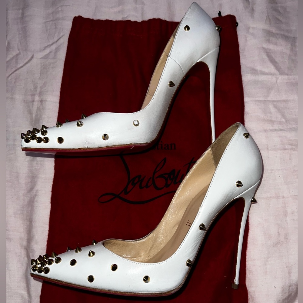 Christian Louboutin White Leather Degraspike Embellished Spiked Stiletto Heel 40 - Picture 10 of 12